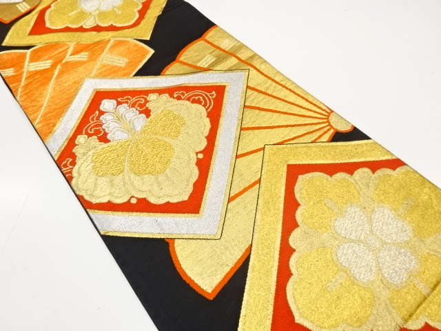 JAPANESE KIMONO / ANTIQUE FUKURO OBI / SILK / WOVEN FLOWER RHOMBUS